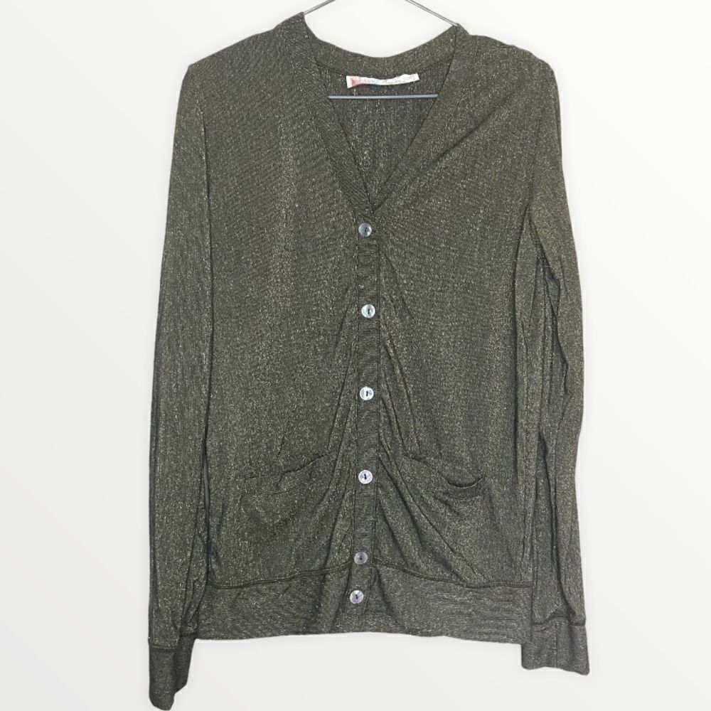 Free People Beach Green/Gold Metallic Long Sleeve Cardigan Size Small